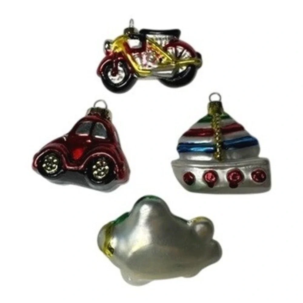 4 Glass Ornaments Motorcycle Car Sailboat Airplane Christmas‎ Holiday Decor Set